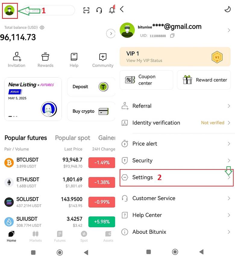 تغییر زبان در اپلیکیشن صرافی بیت یونیکس
